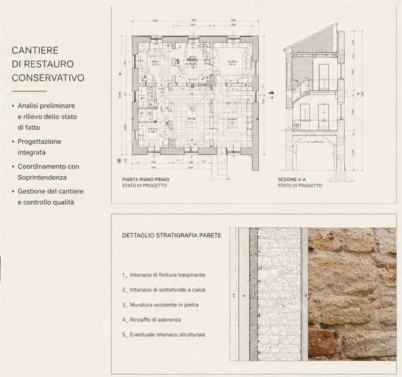 Consolidamento strutturale di un edificio storico con travi in acciaio e restauro del solaio in legno originale.
