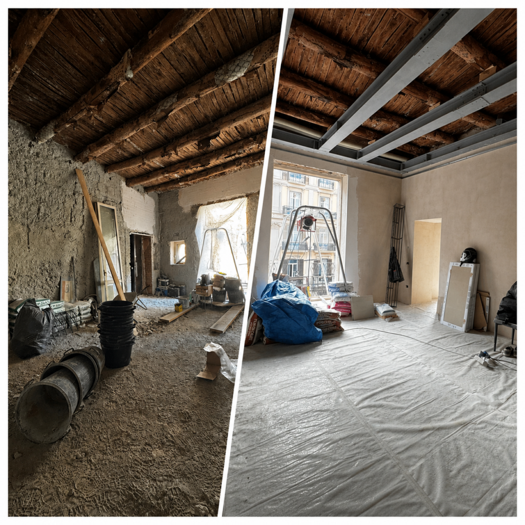 Confronto prima e dopo ristrutturazione casa con consolidamento solai in legno e cerchiature metalliche.