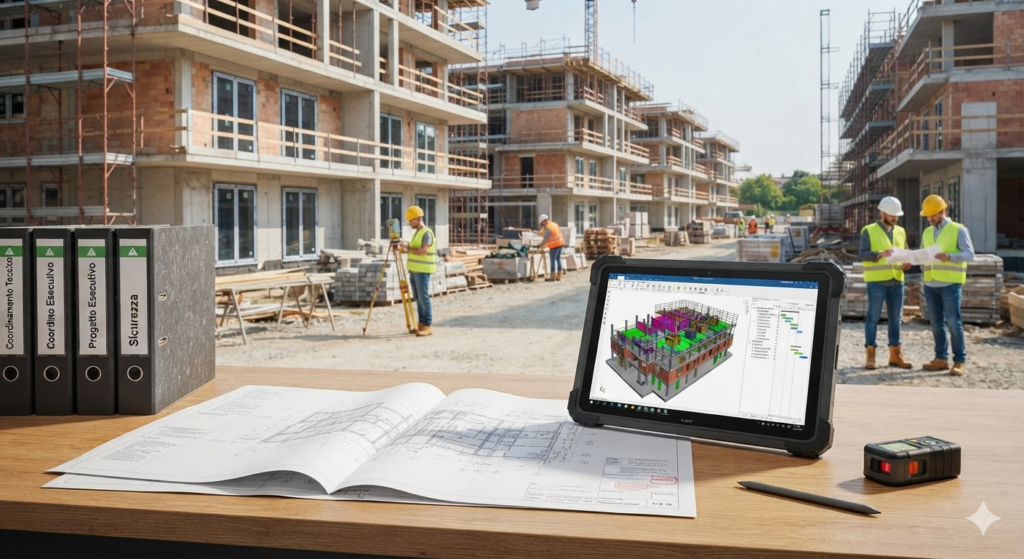 Scrivania tecnica in un cantiere edile organizzato con tavole progettuali esecutive aperte, faldoni d'archivio e tablet con modello 3D BIM per il coordinamento dei lavori.