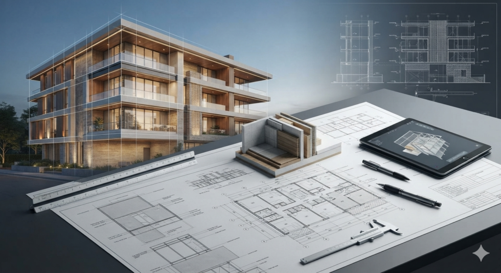 Modello 3D di edificio residenziale moderno sovrapposto a blueprint e planimetrie tecniche di progettazione esecutiva per imprese edili.