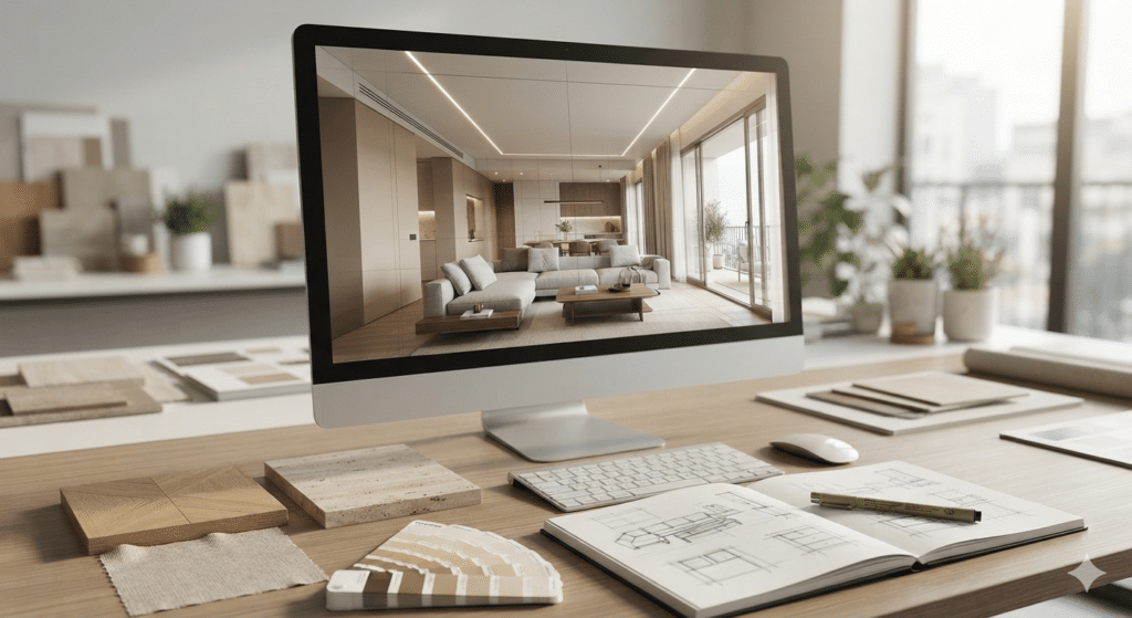 Interno di un appartamento moderno e luminoso ristrutturato con cucina a vista e soggiorno open space di design.
