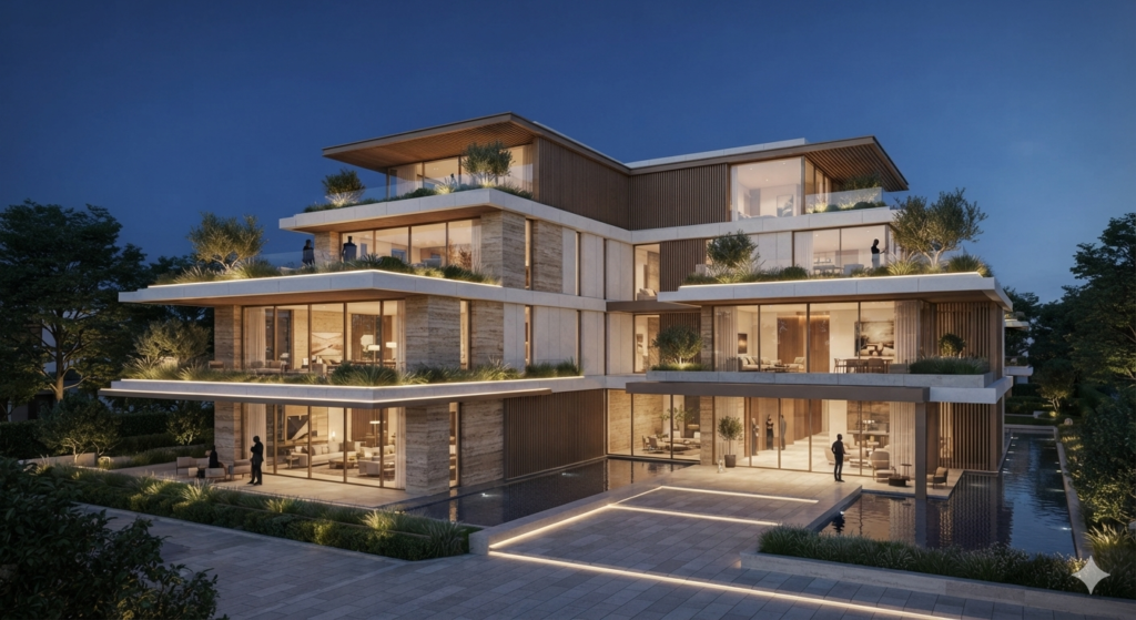 Rendering architettonico fotorealistico di un complesso residenziale e ricettivo moderno con ampie vetrate, finiture in pietra e legno e illuminazione serale.