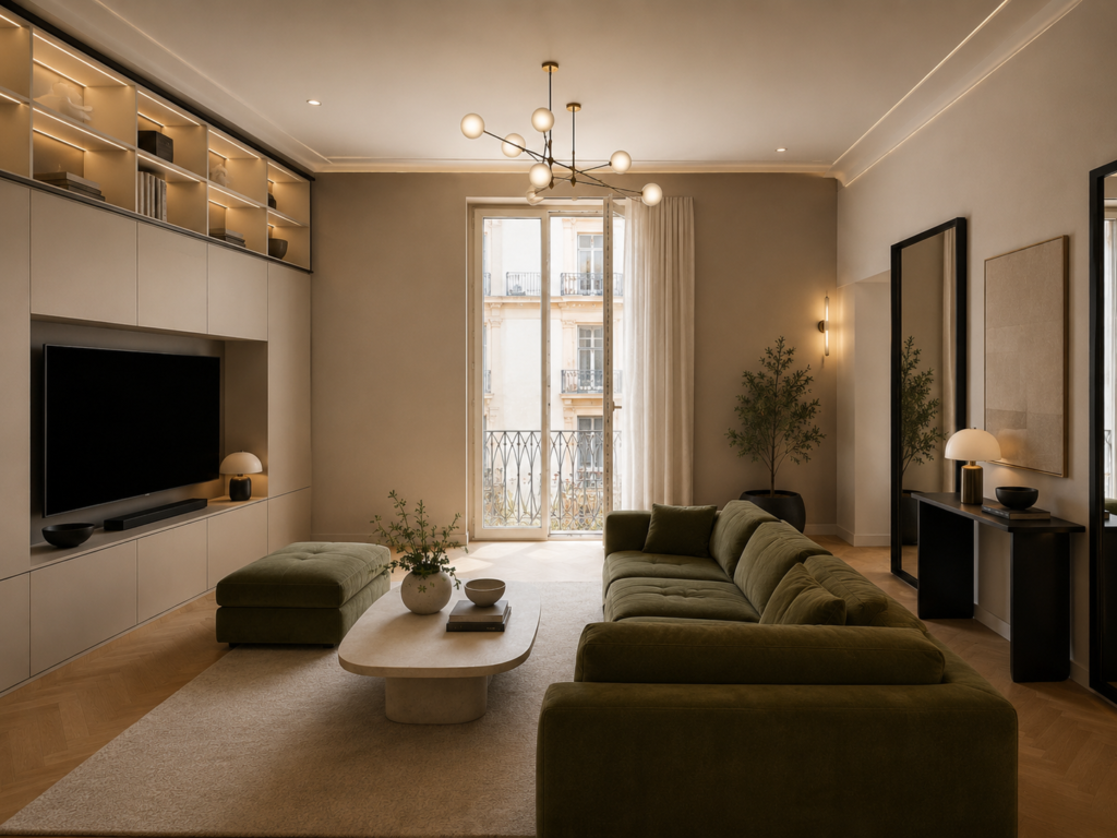 Soggiorno elegante di una casa di lusso ristrutturata, con divani verdi, parete attrezzata su misura e finiture moderne.