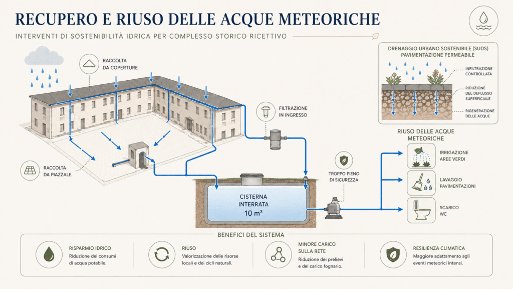 Schema tecnico di ingegneria d'offerta per il recupero e riuso delle acque meteoriche in un complesso storico