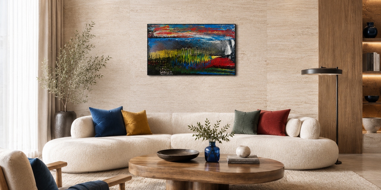 Progettazione architettonica di un living contemporaneo con opera d’arte, complementi d’arredo e oggetti selezionati per la casa