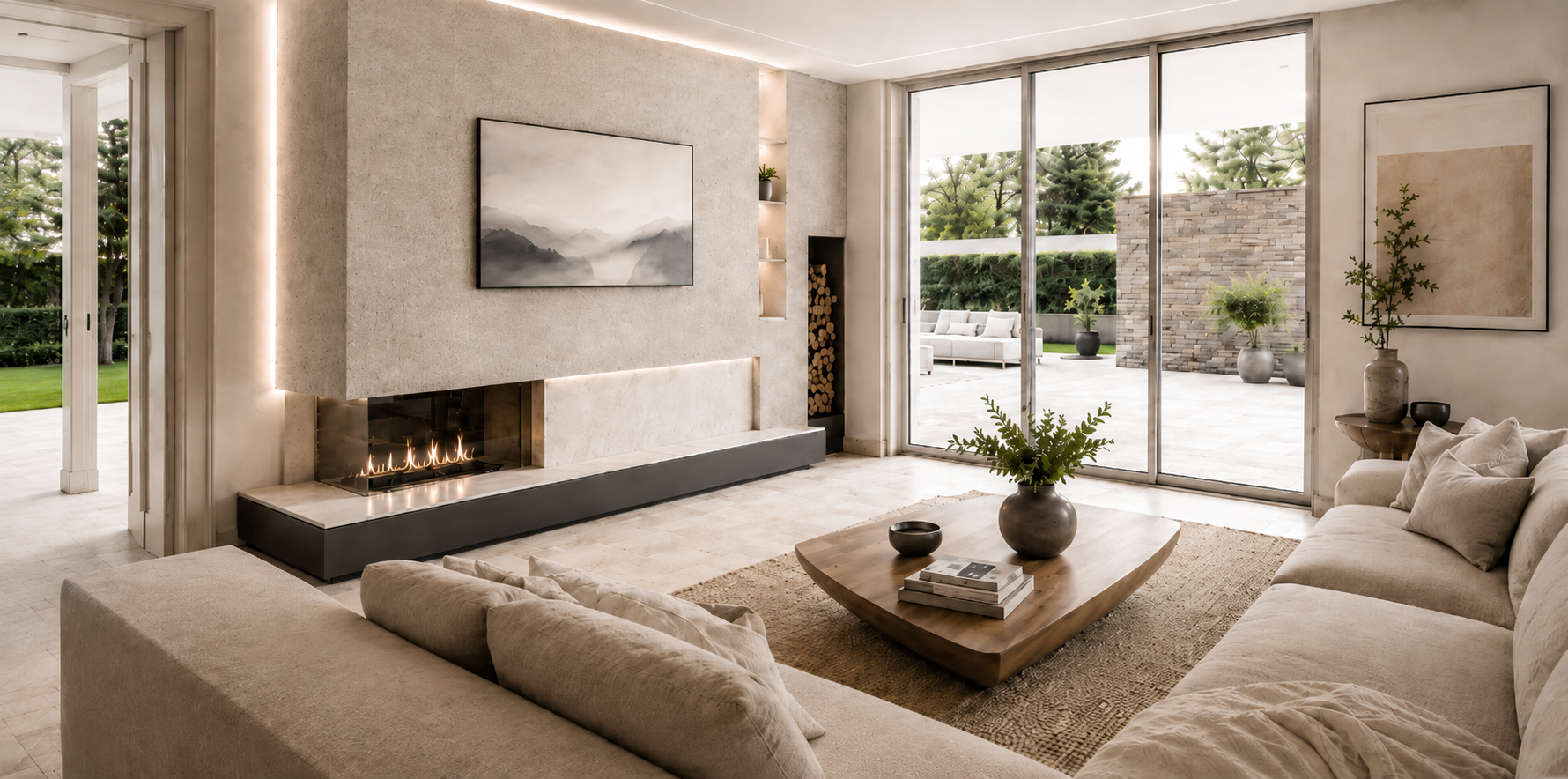 Progettazione architettonica di un living contemporaneo con luce naturale, camino e grandi vetrate affacciate sul giardino