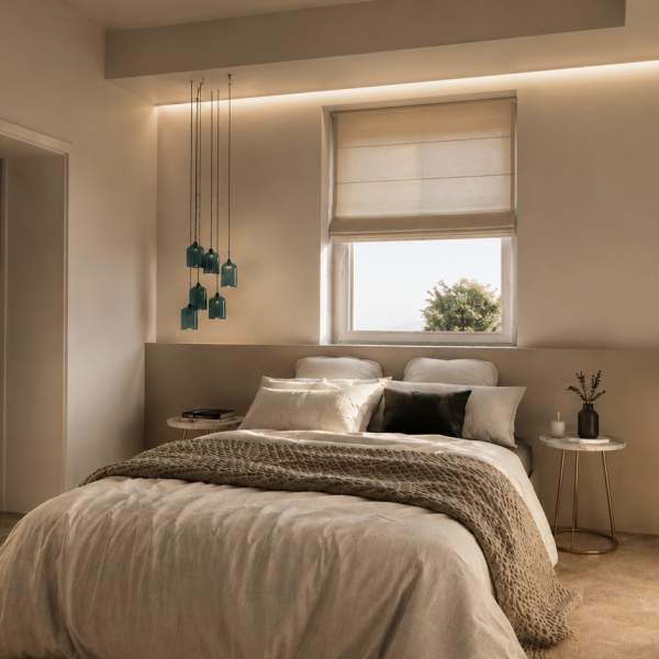 Camera da letto di Villa PietraViva con interni essenziali e atmosfera mediterranea