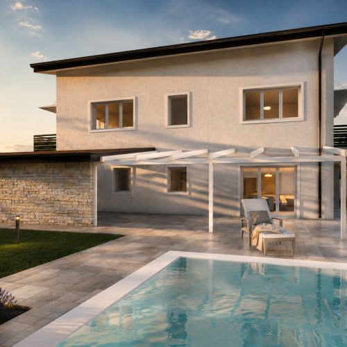 Villa PietraViva, villa moderna con piscina, patio e giardino al tramonto