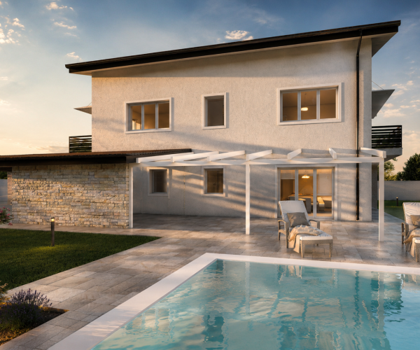 Villa PietraViva, villa moderna con piscina, patio e giardino al tramonto
