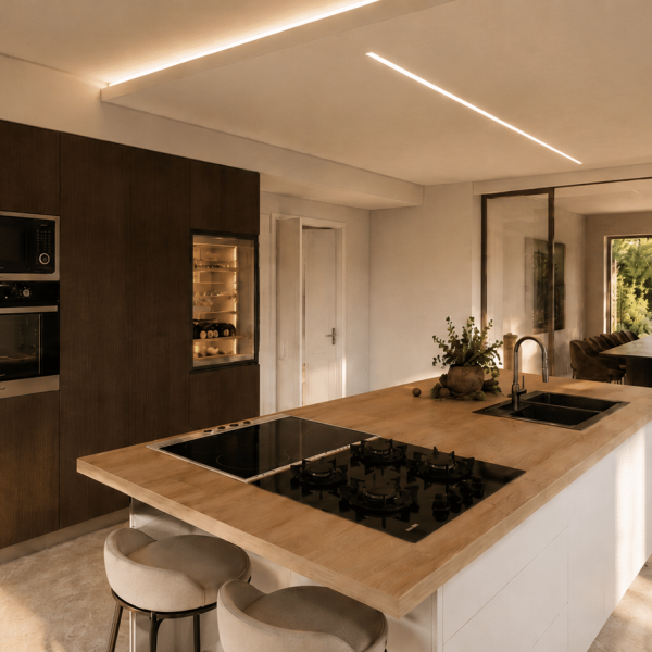 Cucina con isola di Villa PietraViva collegata alla sala da pranzo e al giardino