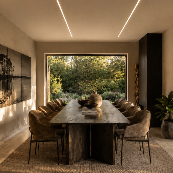 Sala da pranzo di Villa PietraViva con vetrata sul verde e luce naturale