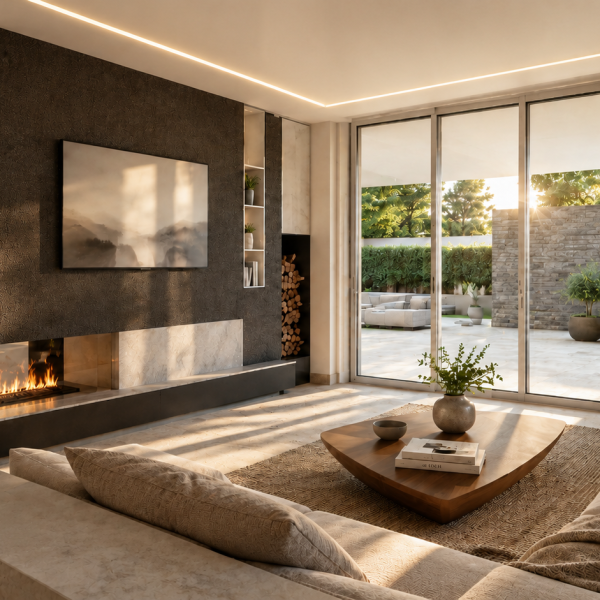 Living di Villa PietraViva con camino, grandi vetrate e continuità con il giardino
